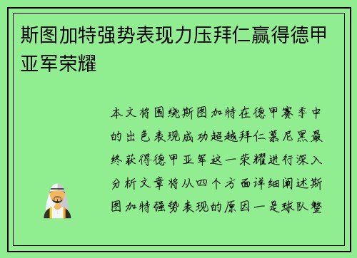 斯图加特强势表现力压拜仁赢得德甲亚军荣耀